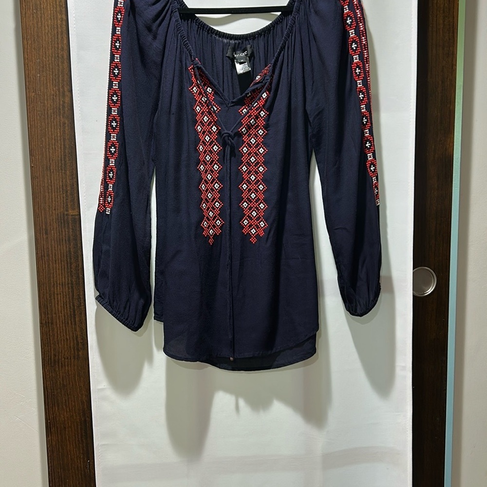 Karen Kane Navy Blouse with Red Embroidery
